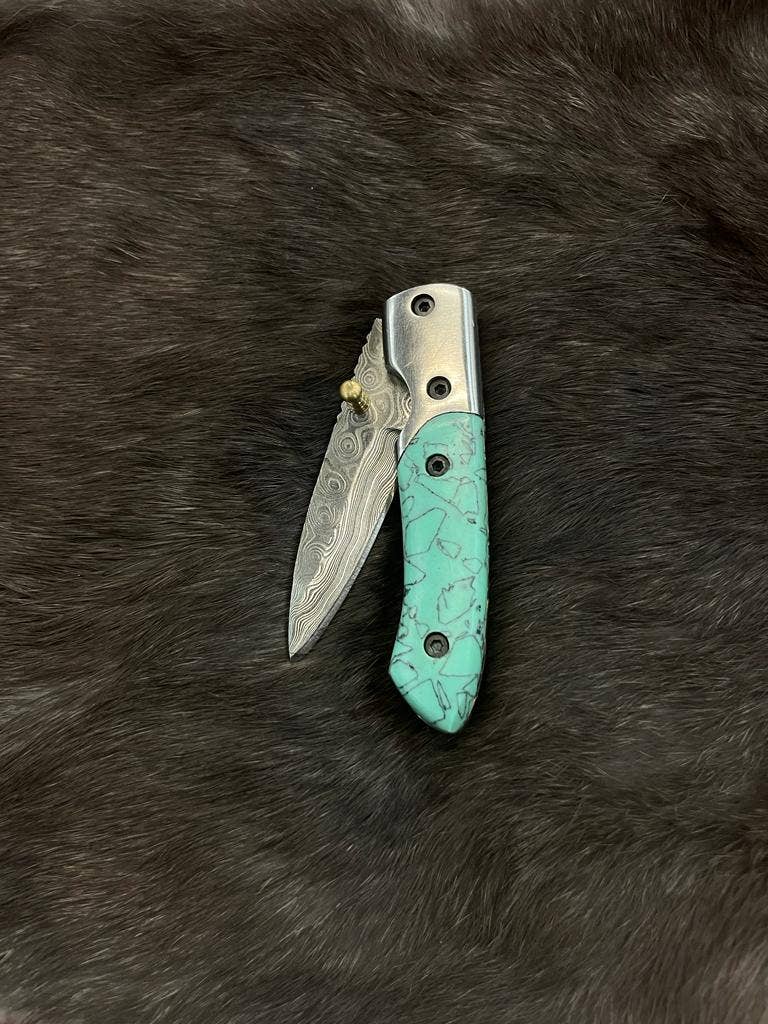 Titan International Titan International - AzureGlide Damascus Steel Turquoise (Resin) Pocket Knife
