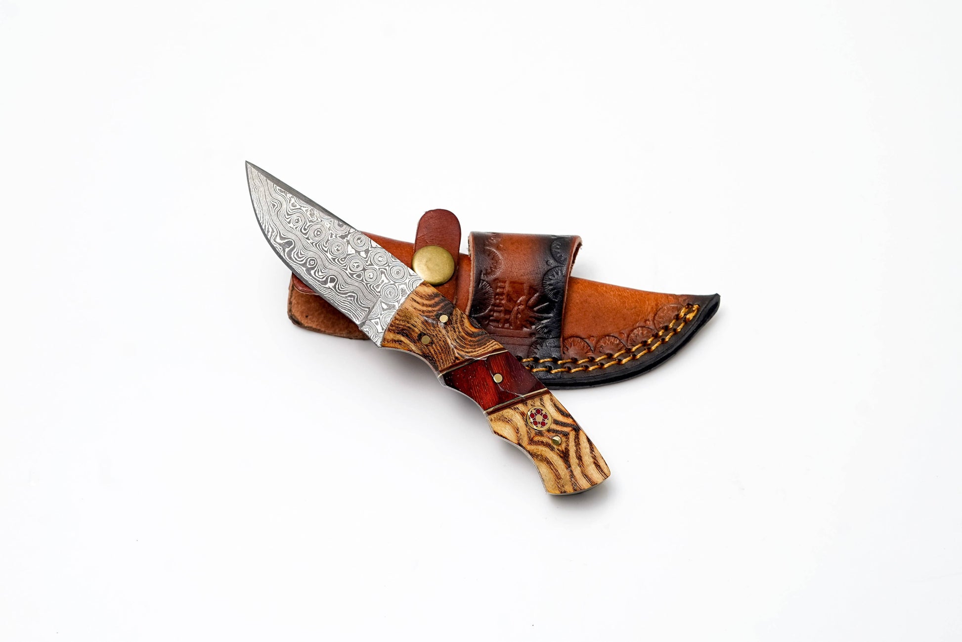 Titan International Titan International - Custom Damascus Steel Drop Point Hunter | Exotic Bocote & Rosewood Handle | Scout Carry TK-493