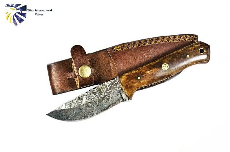 Titan International Titan International - Damascus Knife, Custom Hand Made Forged Damascus Steel Hunting Knife Fixed Blade Camp Style Handle With Leather Sheath Full Tang TD-238