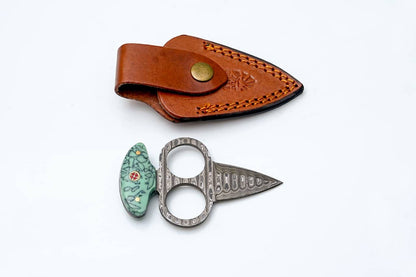 Titan International Titan International - Damascus Push Dagger with Green Resin Handle & Leather Sheath