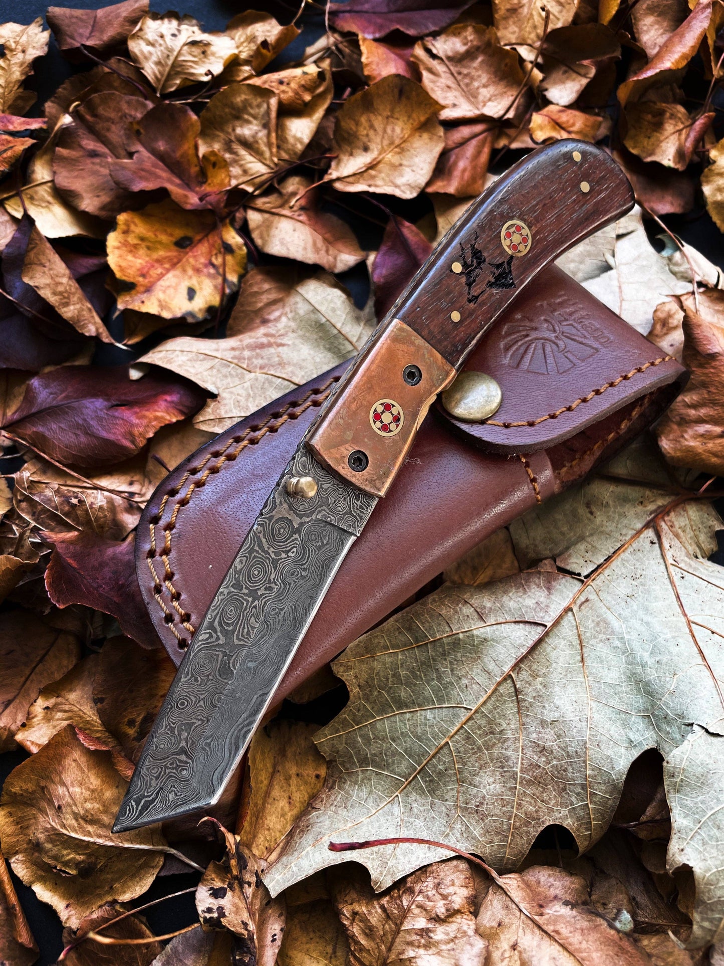 Titan International Titan International - Damascus Steel Folding Knife Tanto Blade Engraved Walnut Handle and Copper Bolster Titan Pocket Samurai X TF-012