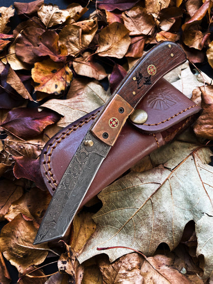 Titan International Titan International - Damascus Steel Folding Knife Tanto Blade Engraved Walnut Handle and Copper Bolster Titan Pocket Samurai X TF-012