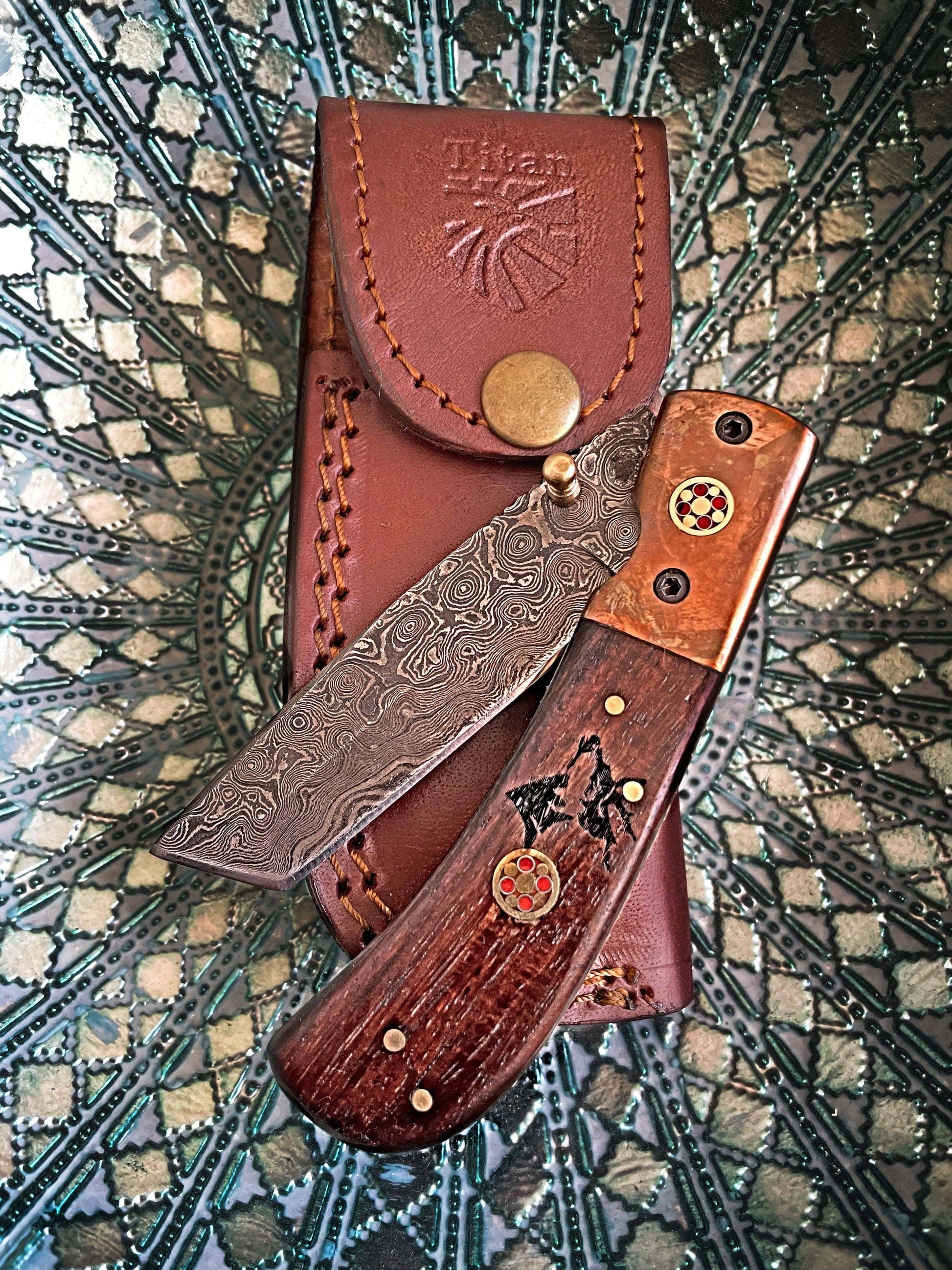 Titan International Titan International - Damascus Steel Folding Knife Tanto Blade Engraved Walnut Handle and Copper Bolster Titan Pocket Samurai X TF-012