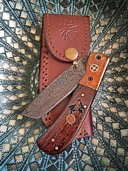 Titan International Titan International - Damascus Steel Folding Knife Tanto Blade Engraved Walnut Handle and Copper Bolster Titan Pocket Samurai X TF-012