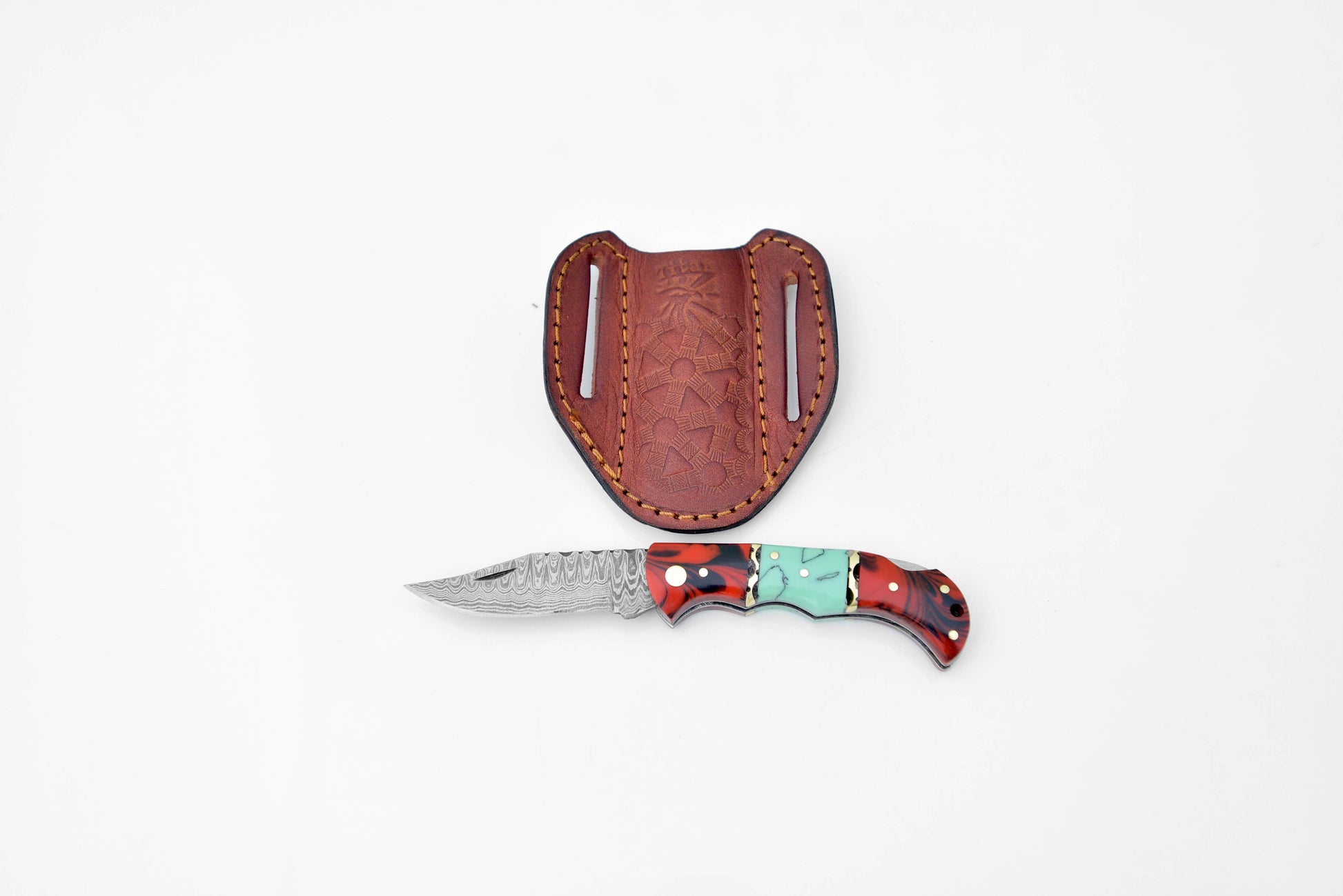 Titan International Titan International - Damascus steel pocket knife Limited Run Red & Blue Resin TF-050