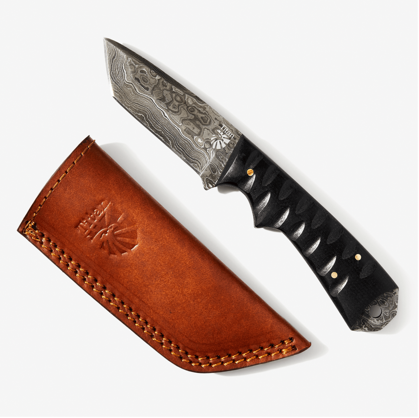 Titan International Titan International - Damascus Steel Titan Signature Tanto Blade: Orange Diamond Wood