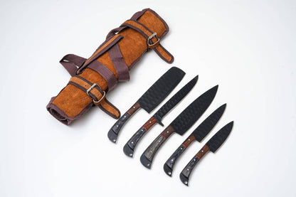Titan International Titan International - Hand-Forged 5-Piece Kitchen Knife Set | Hammered Black Carbon Steel | Pakkawood & Black WalnutHandles
