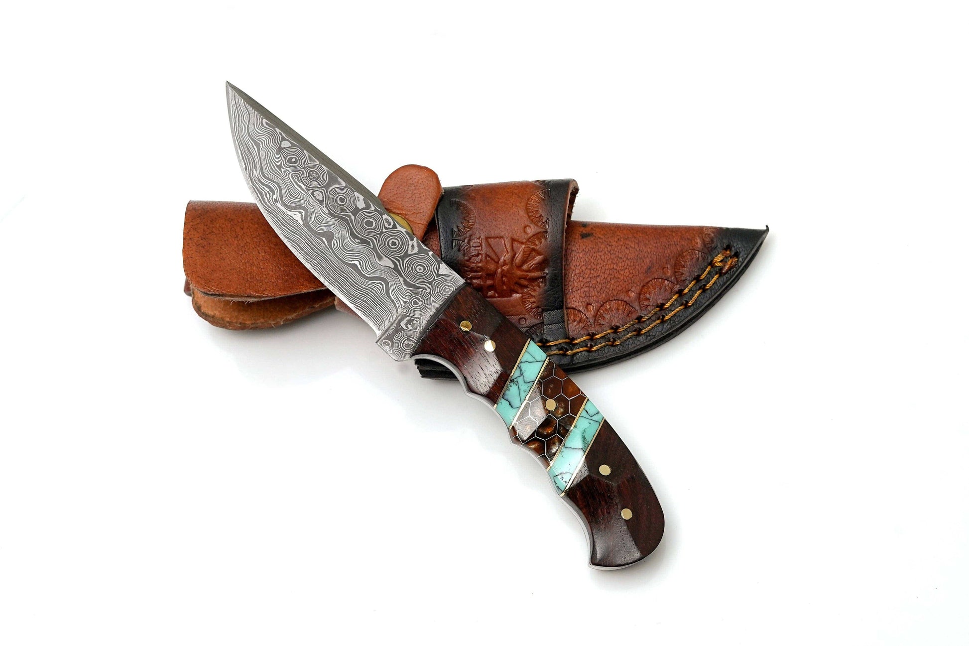 Titan International Titan International - Hand-Forged Damascus Steel Skinner | Custom Amber Honeycomb & Turquoise Handle | Premium Western Field Knife TK-465