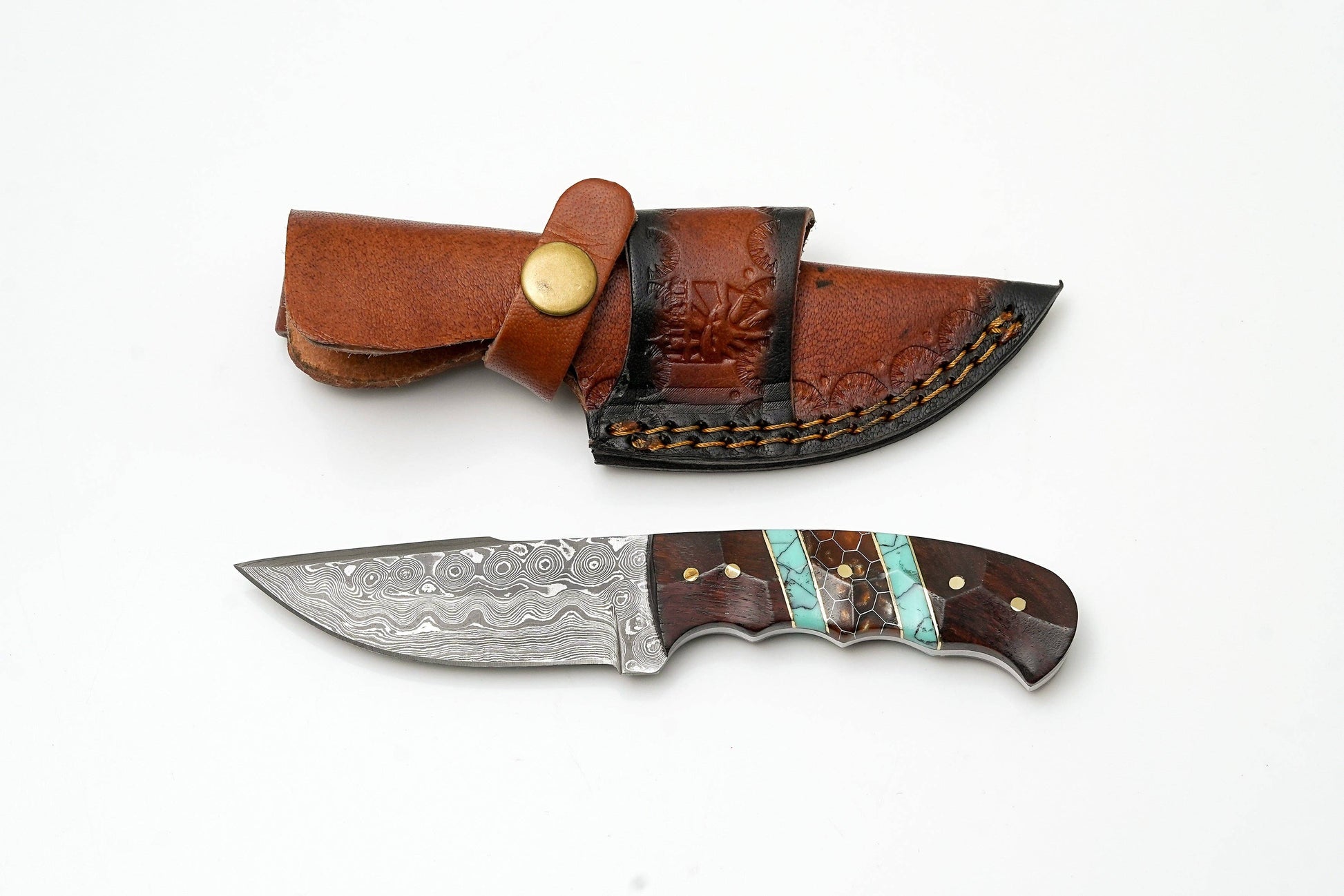 Titan International Titan International - Hand-Forged Damascus Steel Skinner | Custom Amber Honeycomb & Turquoise Handle | Premium Western Field Knife TK-465