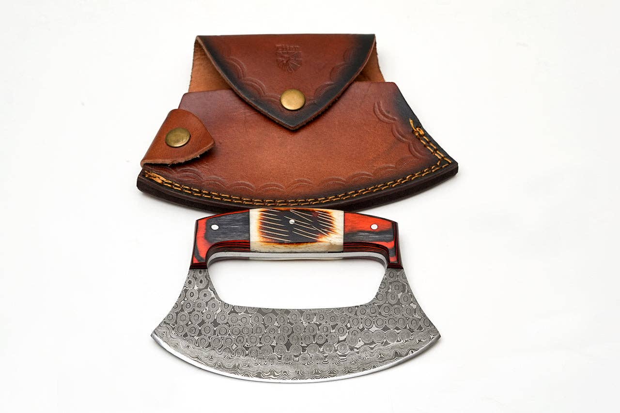 Titan International Titan International - Hand-Forged Damascus Ulu Knife with Leather Sheath