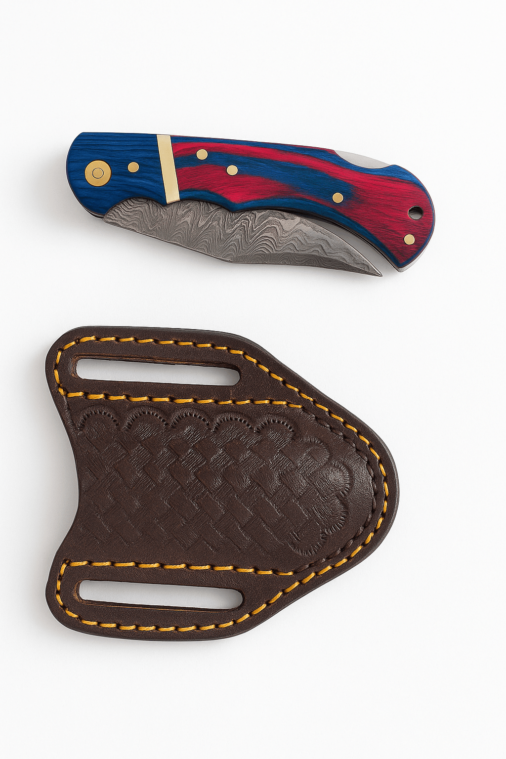 Titan International Titan International - Patriot Series Damascus Folding Knife – Red & Blue Handle with Leather Sheath