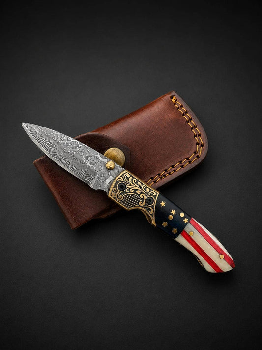 Titan International Titan International - Premium Damascus Steel Folding Pocket Knife – Patriotic Edition with Leather Sheath TF-102