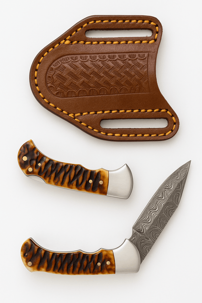 Titan International Titan International - Stag Horn Style Damascus Folding Knife with Leather Sheath