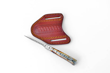 Titan International Titan International - Stag Horn Style Damascus Folding Knife with Leather Sheath