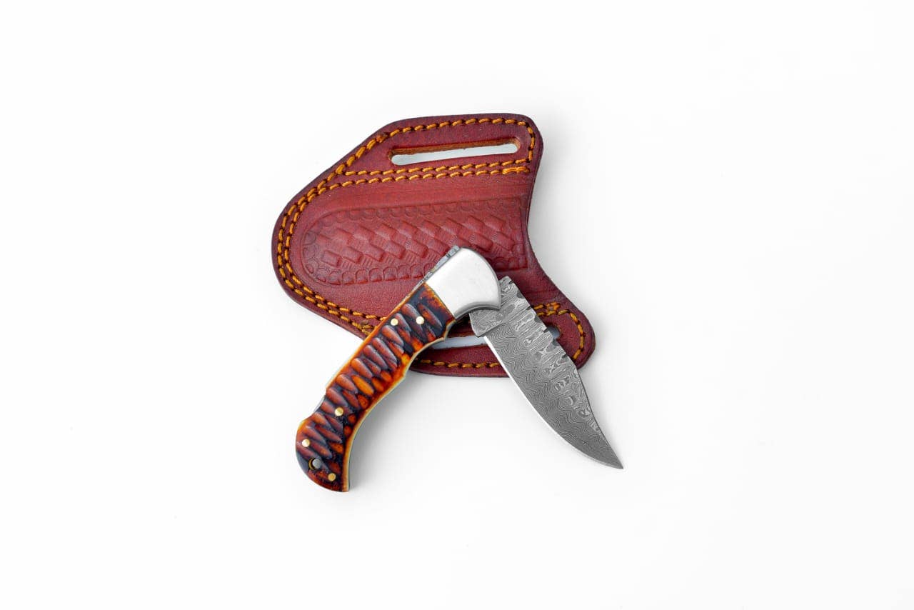Titan International Titan International - Stag Horn Style Damascus Folding Knife with Leather Sheath
