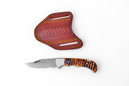 Titan International Titan International - Stag Horn Style Damascus Folding Knife with Leather Sheath