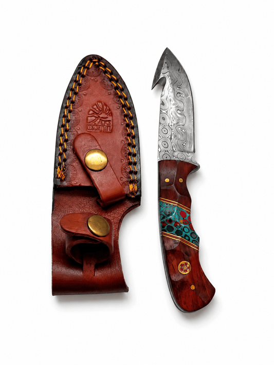 Titan International Titan International - Titan Crimson Mosaic Damascus Outdoor Knife with Custom Leather Sheath