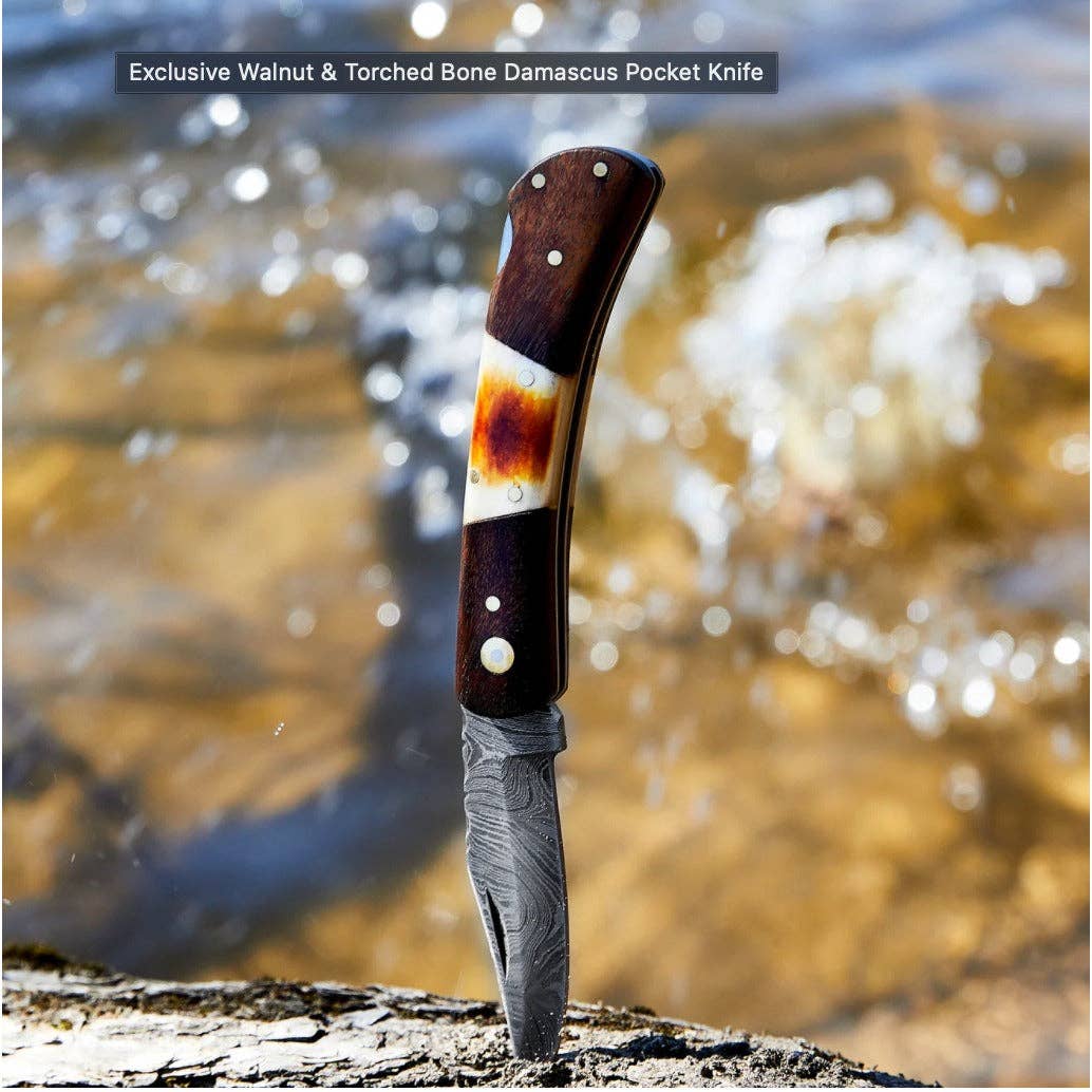 Titan International Titan International - Walnut & Torched Bone Damascus Pocket Knife