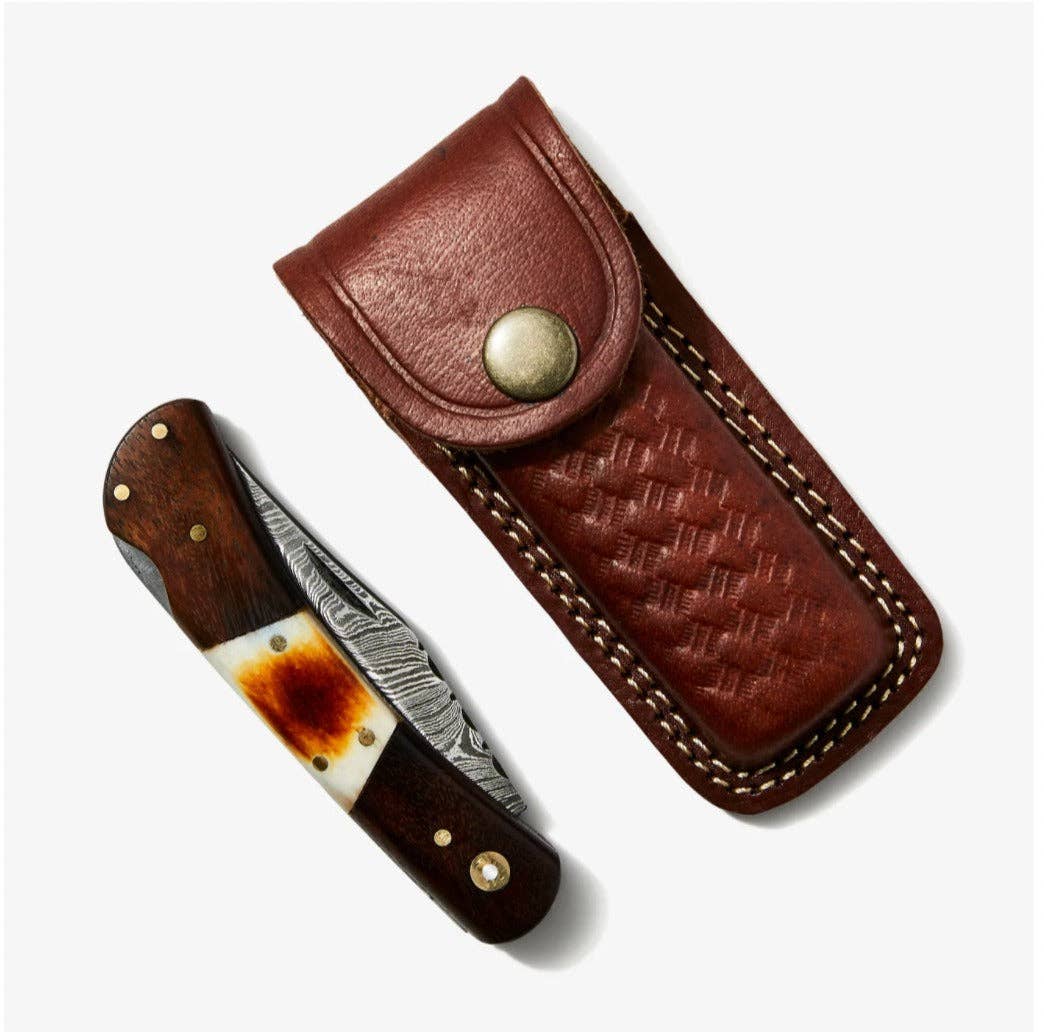 Titan International Titan International - Walnut & Torched Bone Damascus Pocket Knife