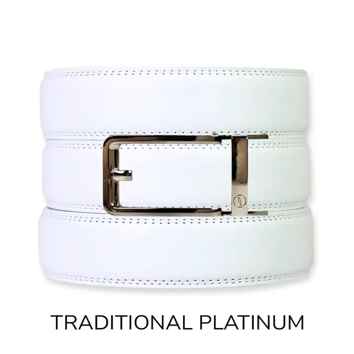 Tough Apparel Ratchet Belt White Leather Belt with Traditional Silver Platinum Buckle