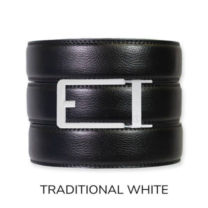 Tough Apparel Tough Apparel - Black Leather Ratchet Belt & Buckle Set: Traditional Platinum
