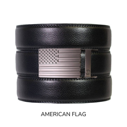 Tough Apparel Tough Apparel - Black Leather Ratchet Belt & Buckle Set: Traditional Platinum