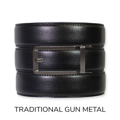 Tough Apparel Tough Apparel - Black Leather Ratchet Belt & Buckle Set: Traditional Platinum