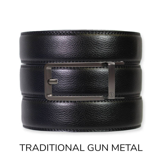 Tough Apparel Tough Apparel - Black Leather Ratchet Belt & Buckle Set: Traditional Platinum