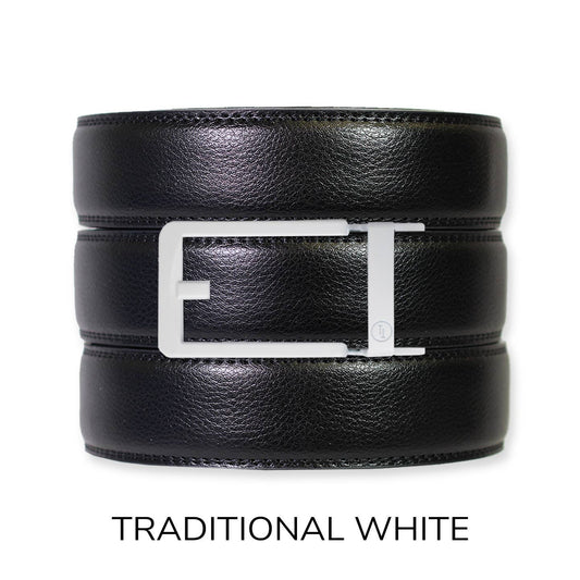 Tough Apparel Tough Apparel - Black Leather Ratchet Belt & Buckle Set: Traditional White