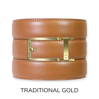 Tough Apparel Tough Apparel - British Tan Leather Ratchet Belt & Buckle Set: Brushed Gold