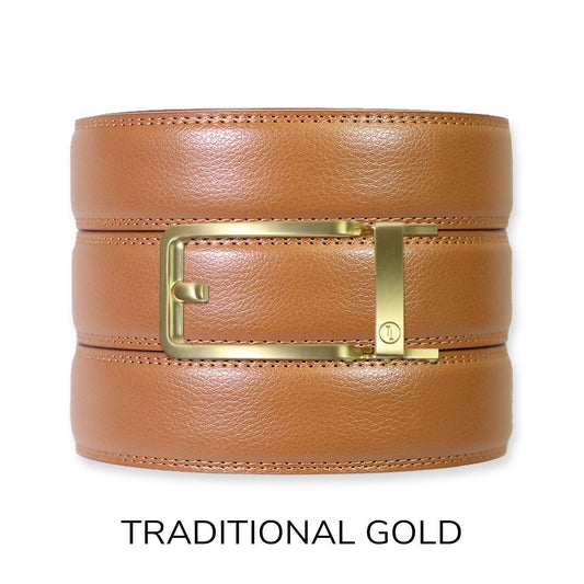 Tough Apparel Tough Apparel - British Tan Leather Ratchet Belt & Buckle Set: Traditional Gold