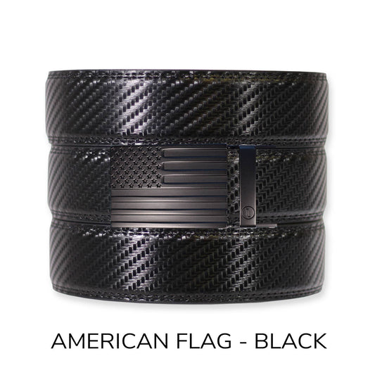 Tough Apparel Tough Apparel - Carbon Black Leather Ratchet Belt & Buckle Set: American Flag - Black