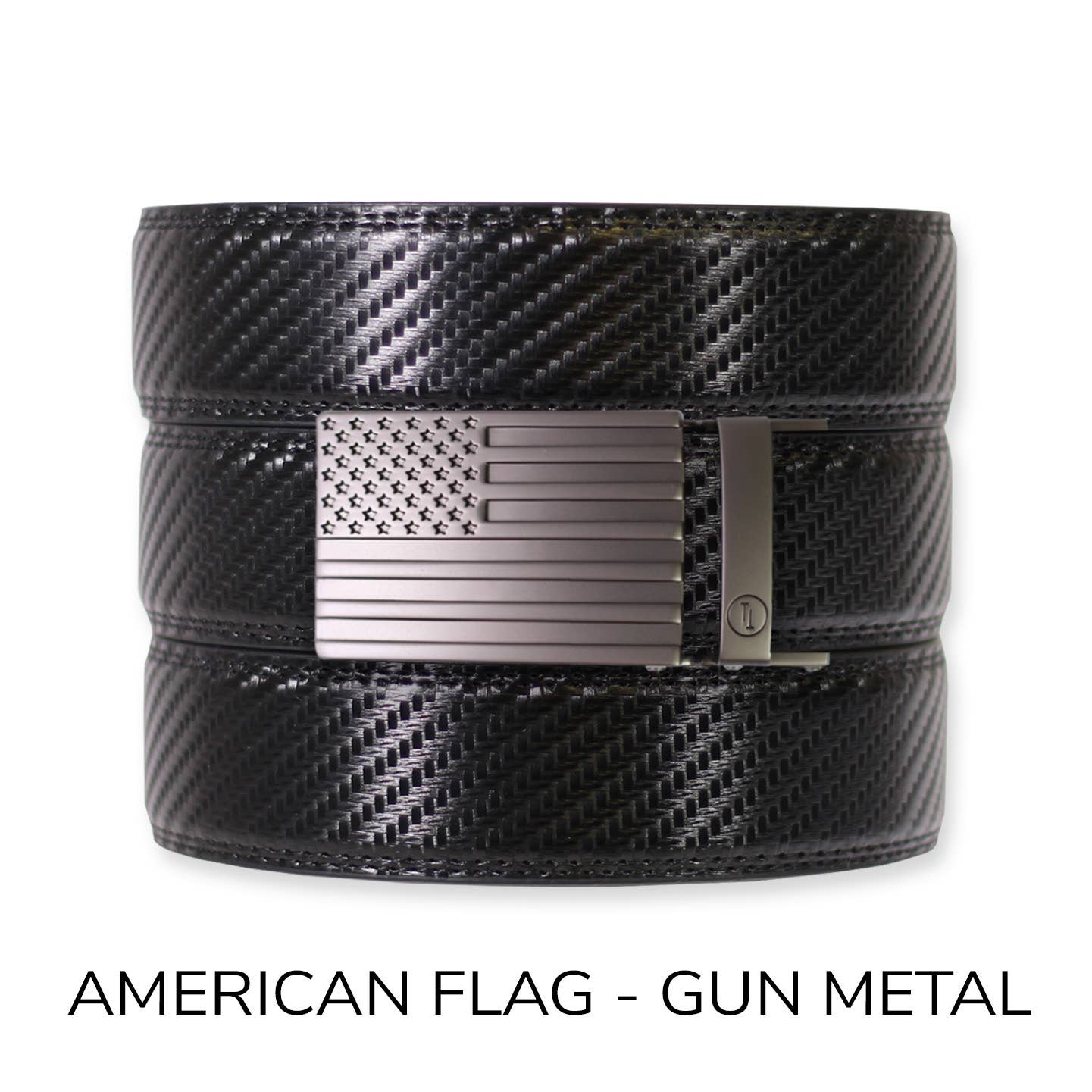 Tough Apparel Tough Apparel - Carbon Black Leather Ratchet Belt & Buckle Set: American Flag - Gun Metal