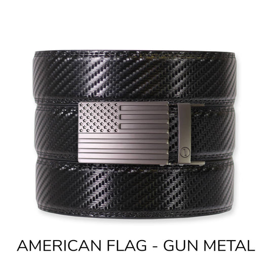 Tough Apparel Tough Apparel - Carbon Black Leather Ratchet Belt & Buckle Set: American Flag - Gun Metal