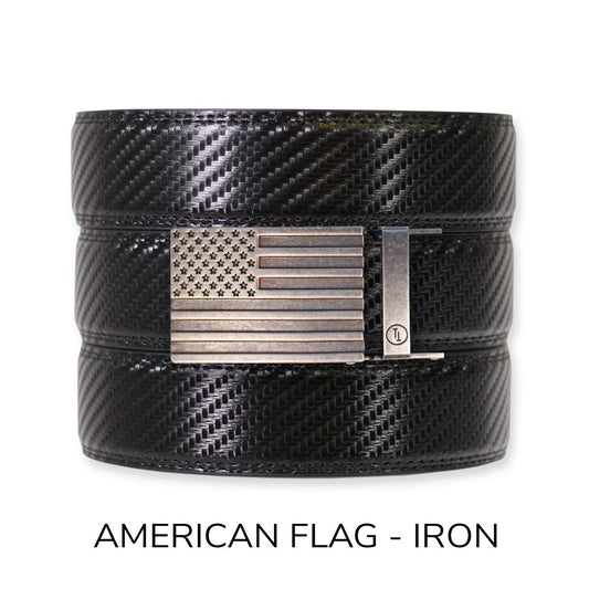 Tough Apparel Tough Apparel - Carbon Black Leather Ratchet Belt & Buckle Set: American Flag - Iron