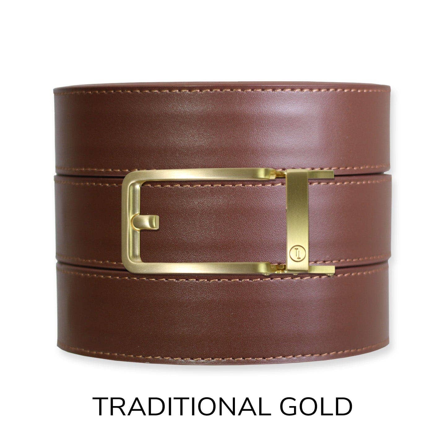 Tough Apparel Tough Apparel - Chestnut Top Grain Leather Ratchet Belt & Buckle Set: Brushed Gold / Pant Size 60 or Smaller