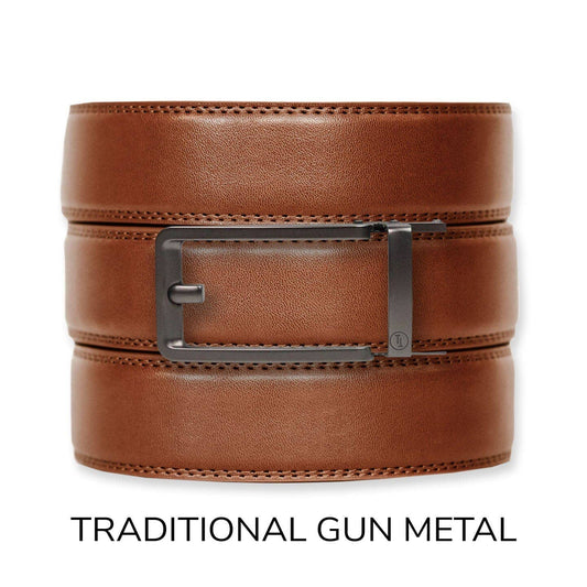 Tough Apparel Tough Apparel - Cognac Leather Ratchet Belt & Buckle Set: Traditional Gun Metal / XL (Pant size 60 and below)