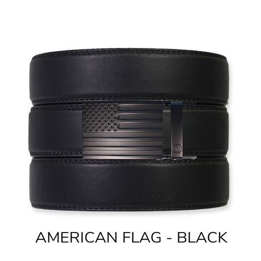 Tough Apparel Tough Apparel - EDC Black Leather Gun Ratchet Belt & Buckle Set: American Flag - Black / Pant Size 60 or Smaller