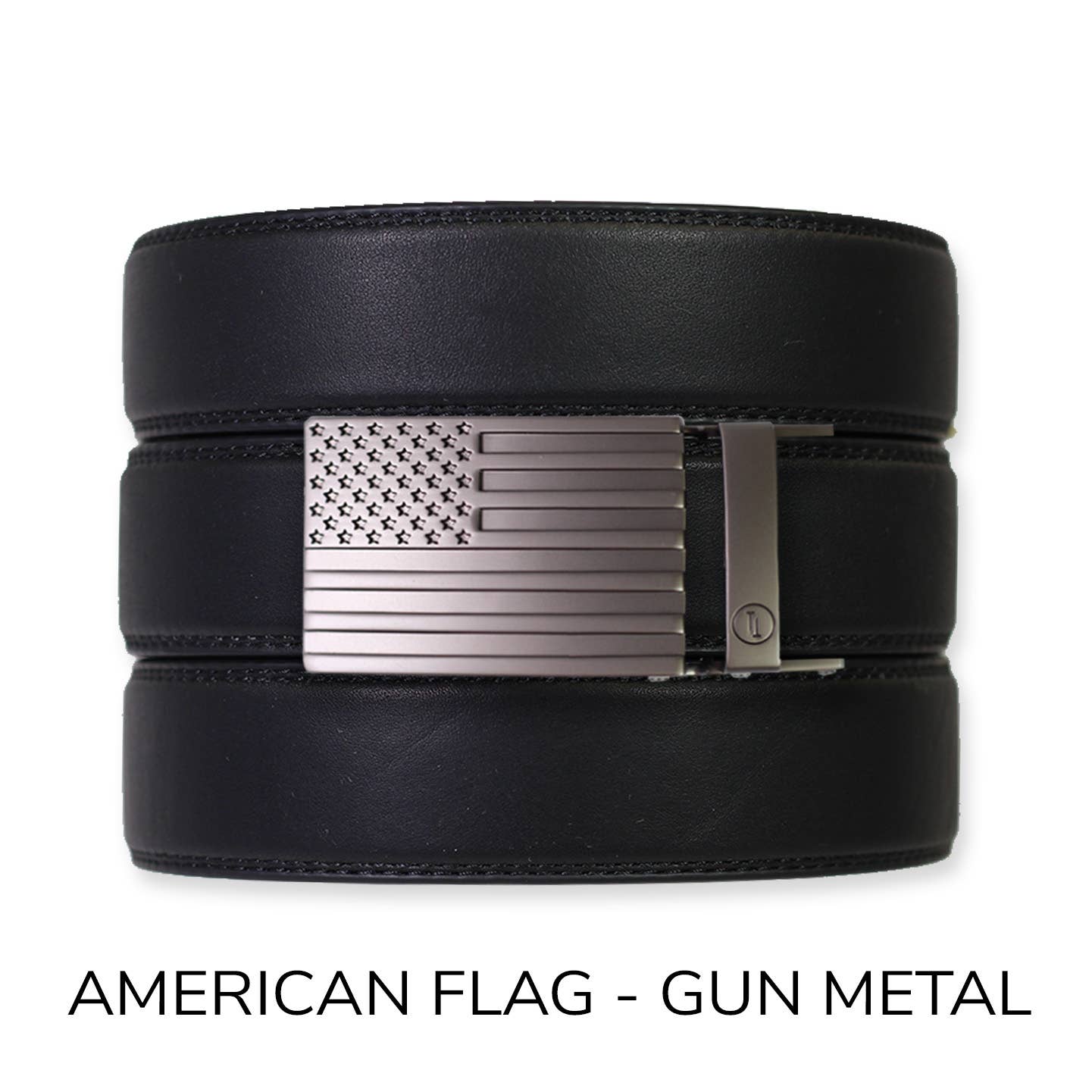 Tough Apparel Tough Apparel - EDC Black Leather Gun Ratchet Belt & Buckle Set: American Flag - Gun Metal / Pant Size 60 or Smaller