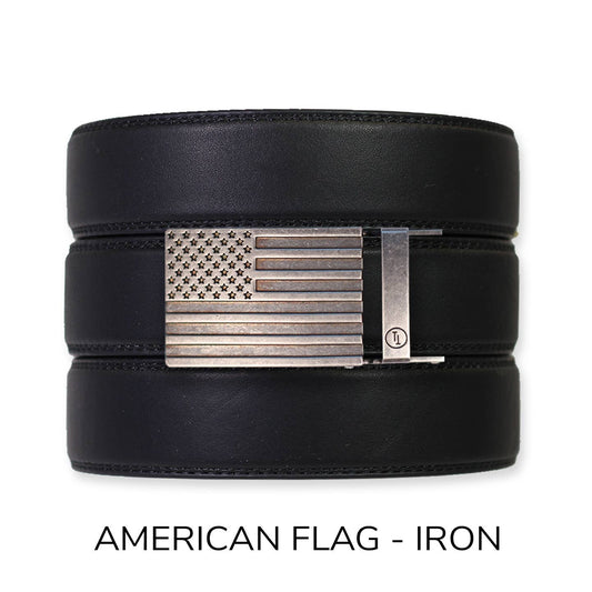 Tough Apparel Tough Apparel - EDC Black Leather Gun Ratchet Belt & Buckle Set: American Flag - Iron / Pant Size 60 or Smaller