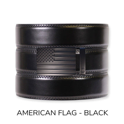 Tough Apparel Tough Apparel - Gloss Black Leather Ratchet Belt & Buckle Set: American Flag - Gun Metal