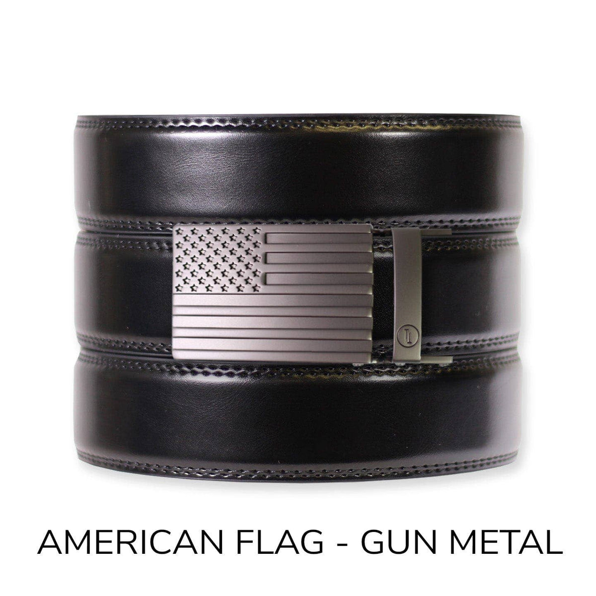 Tough Apparel Tough Apparel - Gloss Black Leather Ratchet Belt & Buckle Set: American Flag - Gun Metal