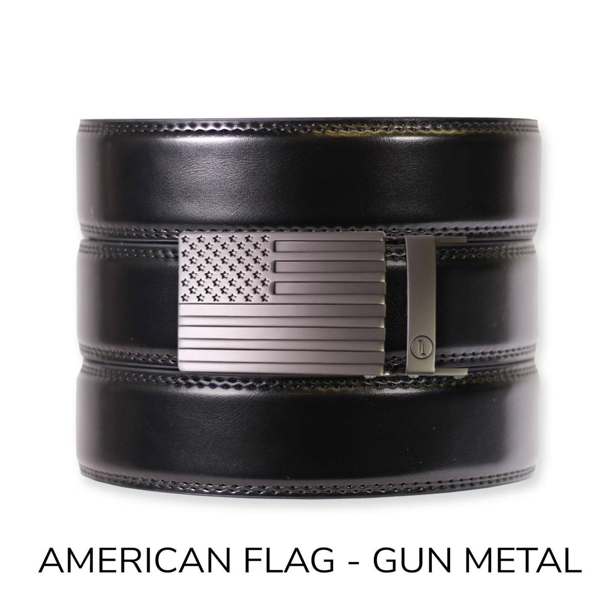 Tough Apparel Tough Apparel - Gloss Black Leather Ratchet Belt & Buckle Set: American Flag - Gun Metal