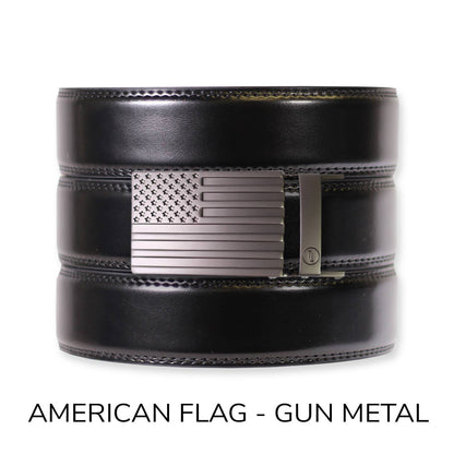 Tough Apparel Tough Apparel - Gloss Black Leather Ratchet Belt & Buckle Set: American Flag - Gun Metal