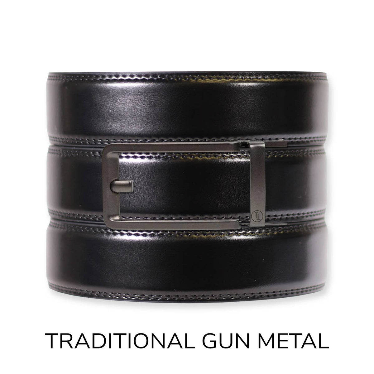 Tough Apparel Tough Apparel - Gloss Black Leather Ratchet Belt & Buckle Set: Traditional Gun Metal