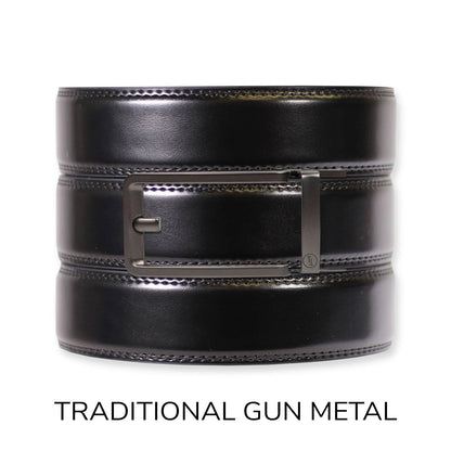 Tough Apparel Tough Apparel - Gloss Black Leather Ratchet Belt & Buckle Set: Traditional Gun Metal