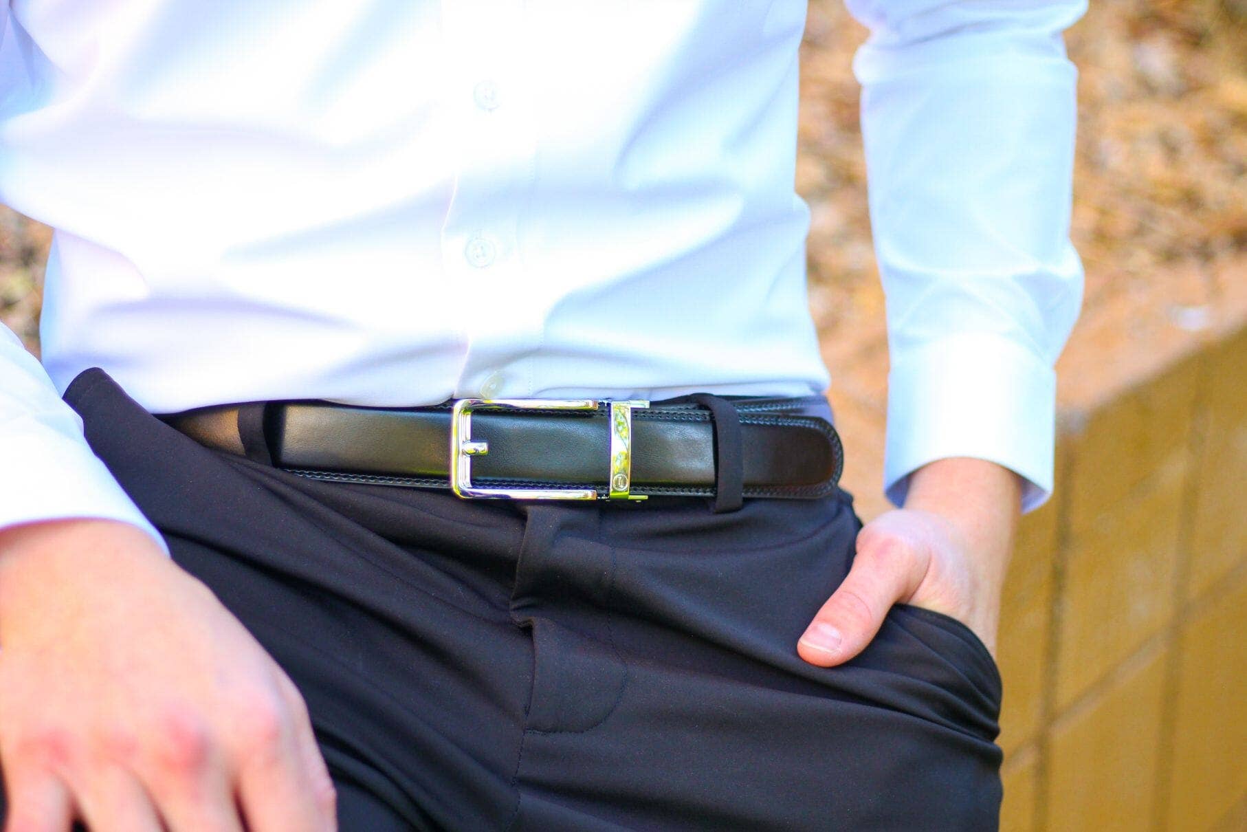 Tough Apparel Tough Apparel - Gloss Black Leather Ratchet Belt & Buckle Set: Traditional Silver