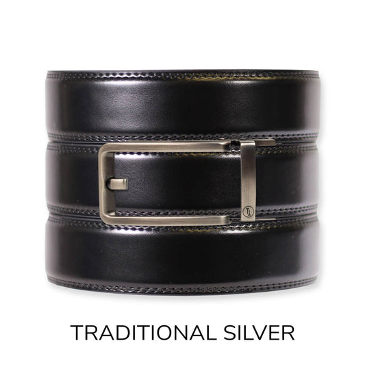 Tough Apparel Tough Apparel - Gloss Black Leather Ratchet Belt & Buckle Set: Traditional Silver