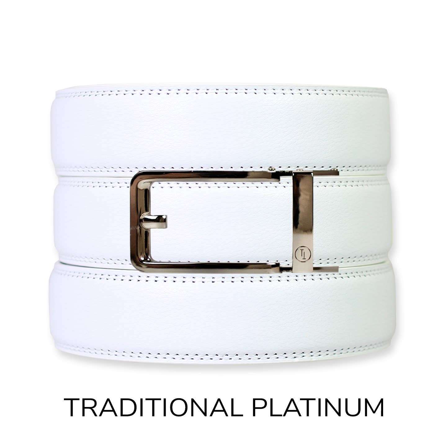 Tough Apparel Tough Apparel - White Leather Ratchet Belt & Buckle Set: Traditional Platinum