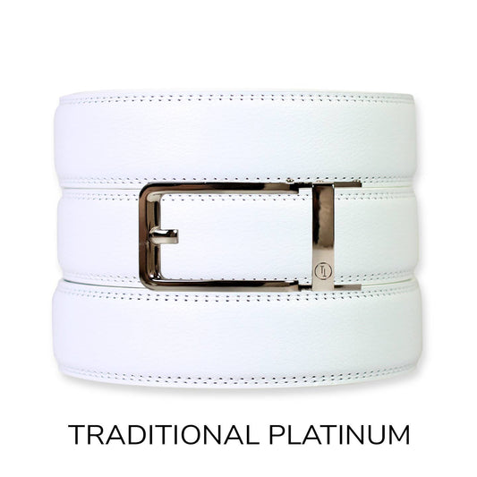 Tough Apparel Tough Apparel - White Leather Ratchet Belt & Buckle Set: Traditional Platinum